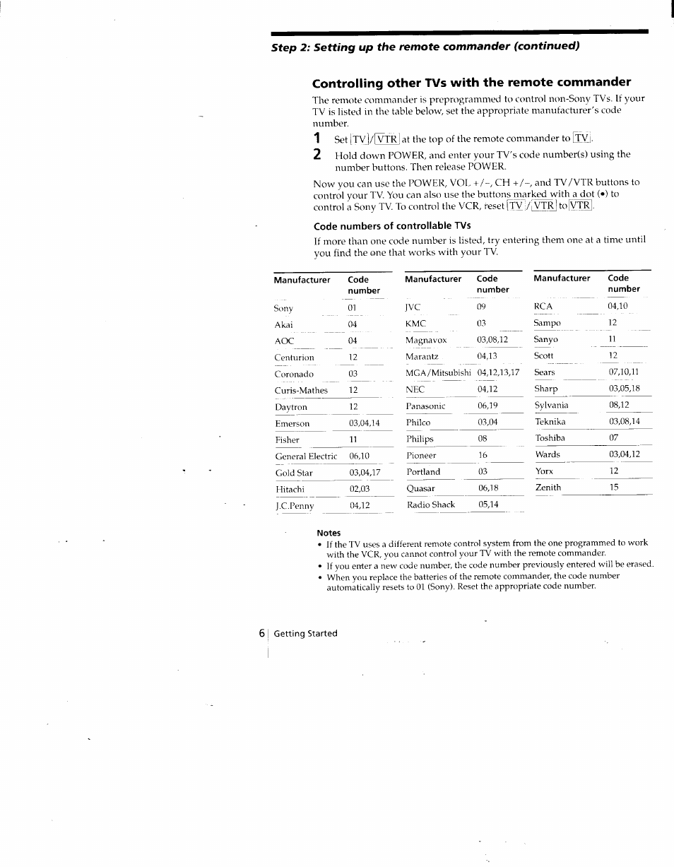 Controlling other tvs with the remote commander, Code numbers of controllable tvs, Notes | Sony SLV-775HF User Manual | Page 6 / 80