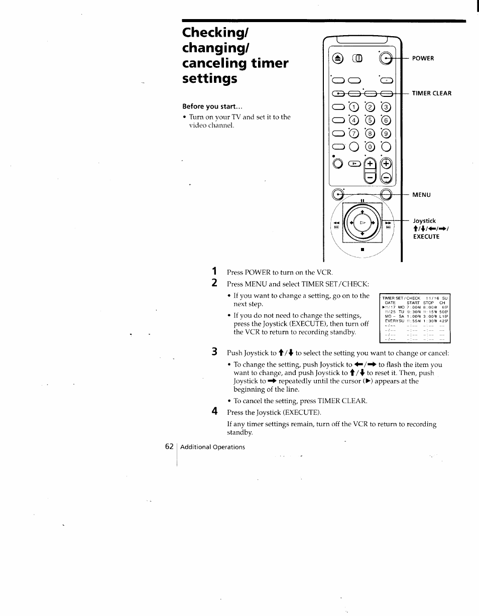 Before you start, Checking/ changing/ canceling timer settings | Sony SLV-775HF User Manual | Page 62 / 80