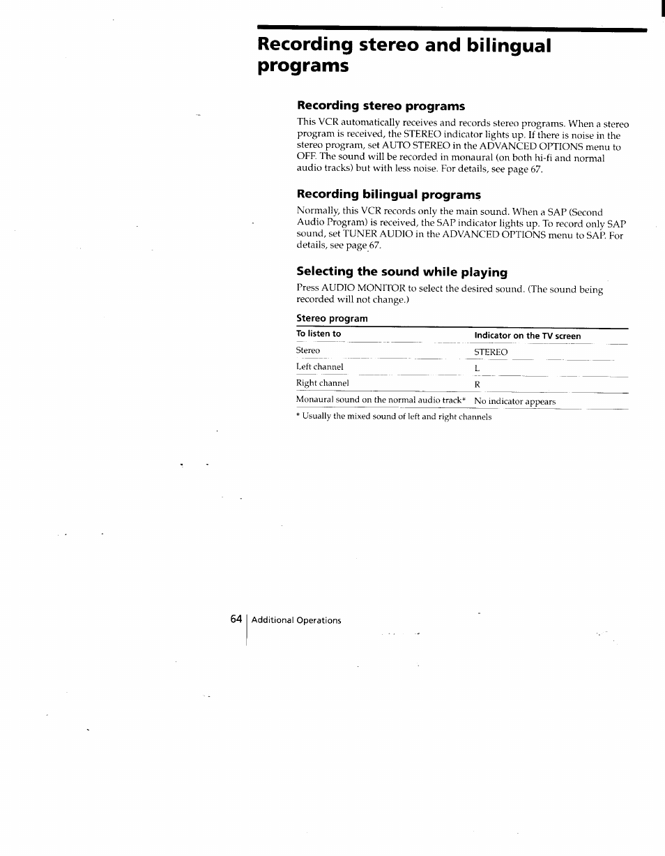 Recording stereo and bilingual programs, Recording stereo programs, Recording bilingual programs | Selecting the sound while playing | Sony SLV-775HF User Manual | Page 64 / 80