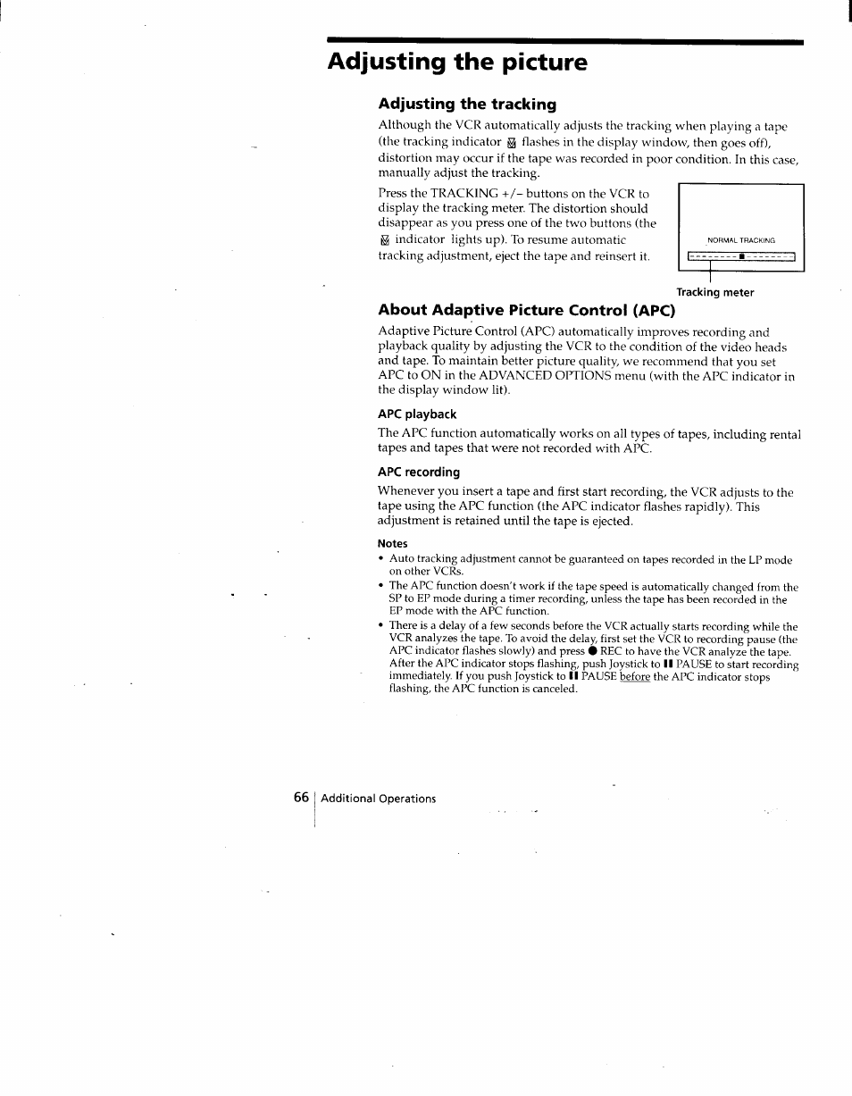 Adjusting the picture, Adjusting the tracking, About adaptive picture control (apc) | Notes | Sony SLV-775HF User Manual | Page 66 / 80