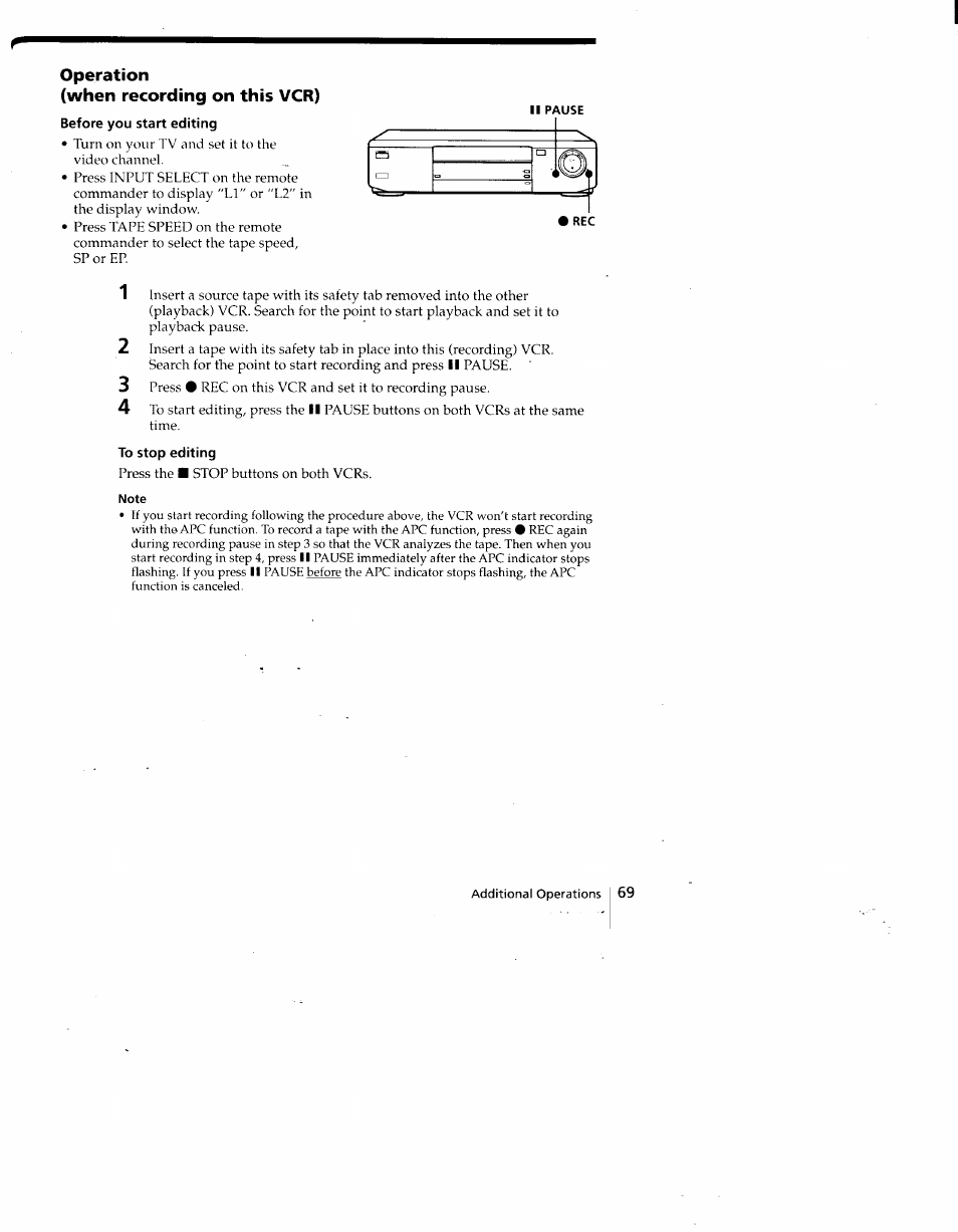 Operation, When recording on this vcr), Before you start editing | To stop editing, Note | Sony SLV-775HF User Manual | Page 69 / 80