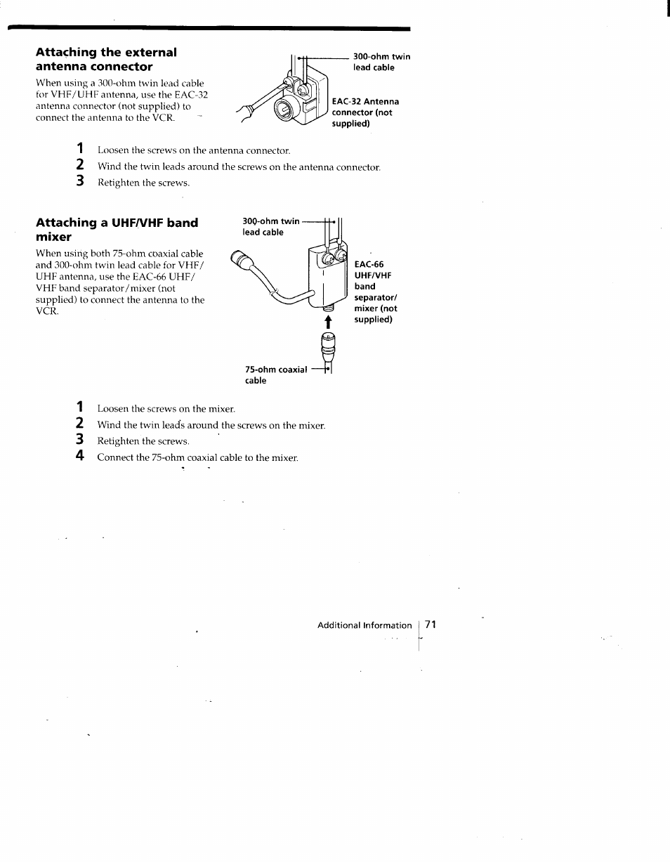 Attaching the external antenna connector, Attaching a uhf/vhf band mixer, Ohm coaxial cable | Sony SLV-775HF User Manual | Page 71 / 80