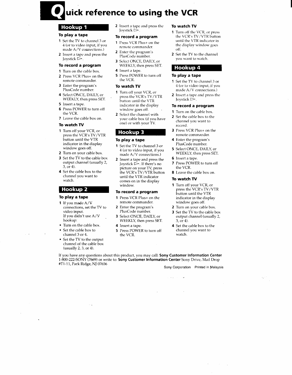 Uick reference to using the vcr, Hookup 1, Hookup 3 | Hookup 4, Hookup 2 | Sony SLV-775HF User Manual | Page 80 / 80