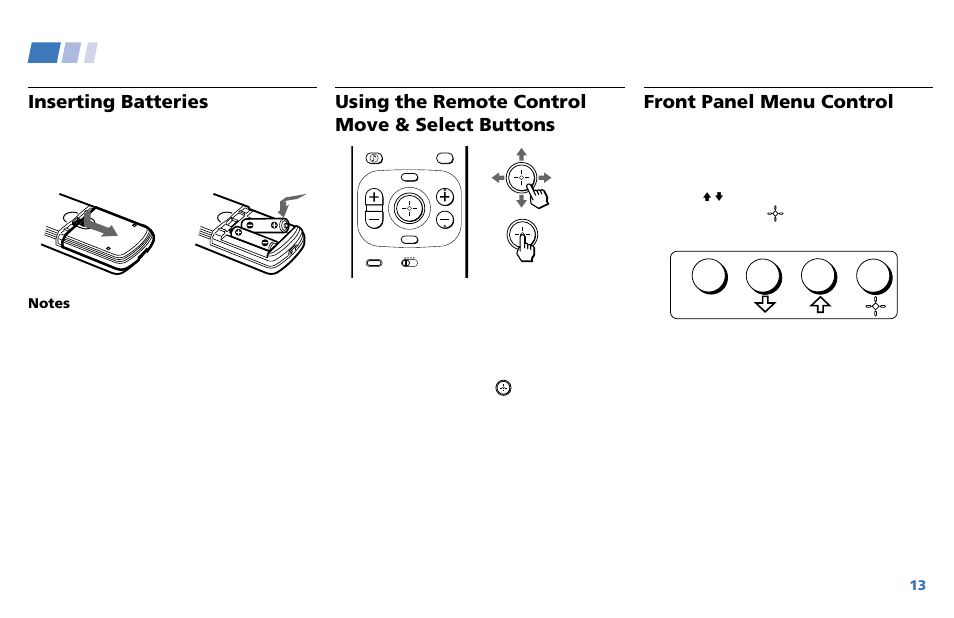 Basic set up, Inserting batteries, Using the remote control move & select buttons | Front panel menu control | Sony WEGA KV-36XBR250 User Manual | Page 19 / 46