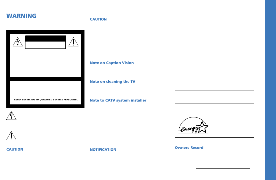 Warning, Attention caution precaucion | Sony WEGA KV-36XBR250 User Manual | Page 4 / 46