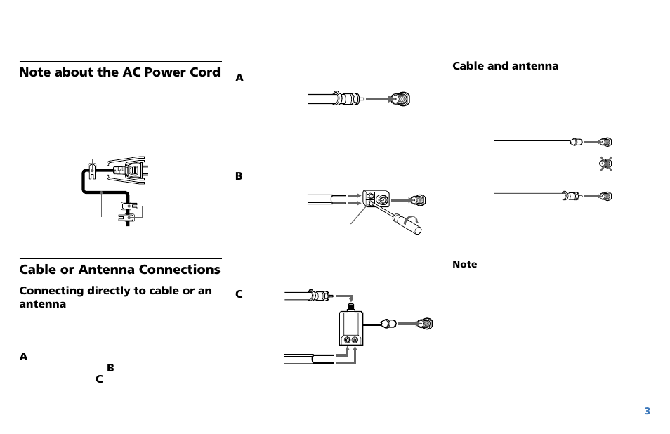 Cable or antenna connections, Connecting directly to cable or an antenna, Cable and antenna | Sony WEGA KV-36XBR250 User Manual | Page 9 / 46