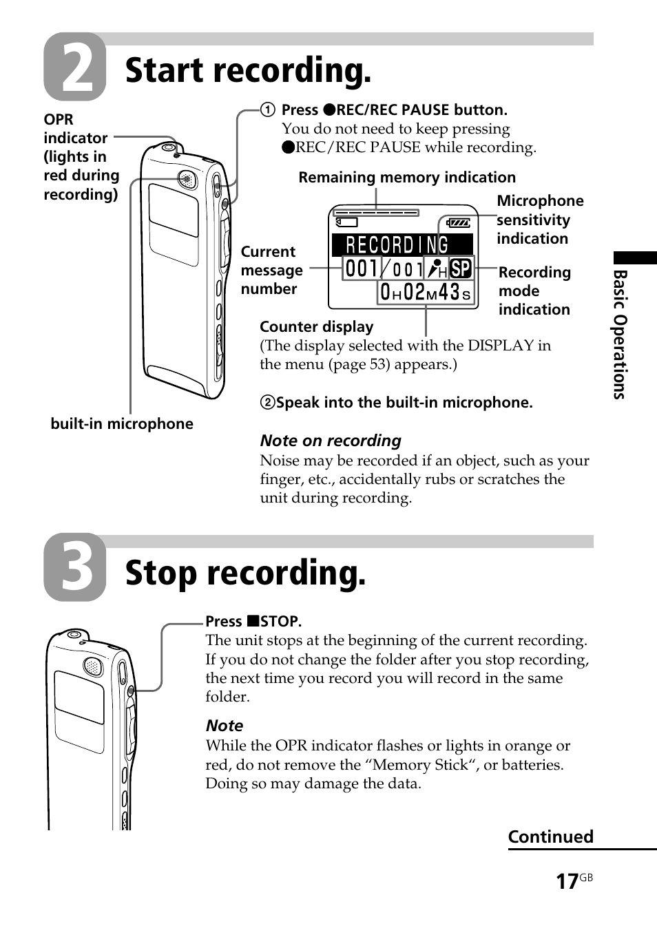 Start recording, Stop recording | Sony ICD-BP User Manual | Page 17 / 96