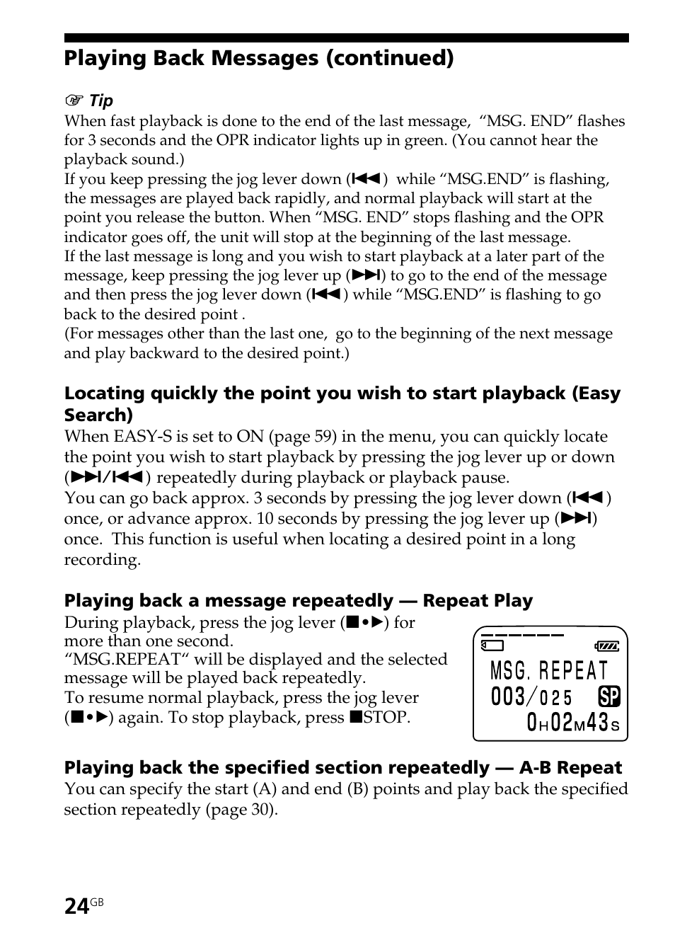 Playing back messages (continued) | Sony ICD-BP User Manual | Page 24 / 96
