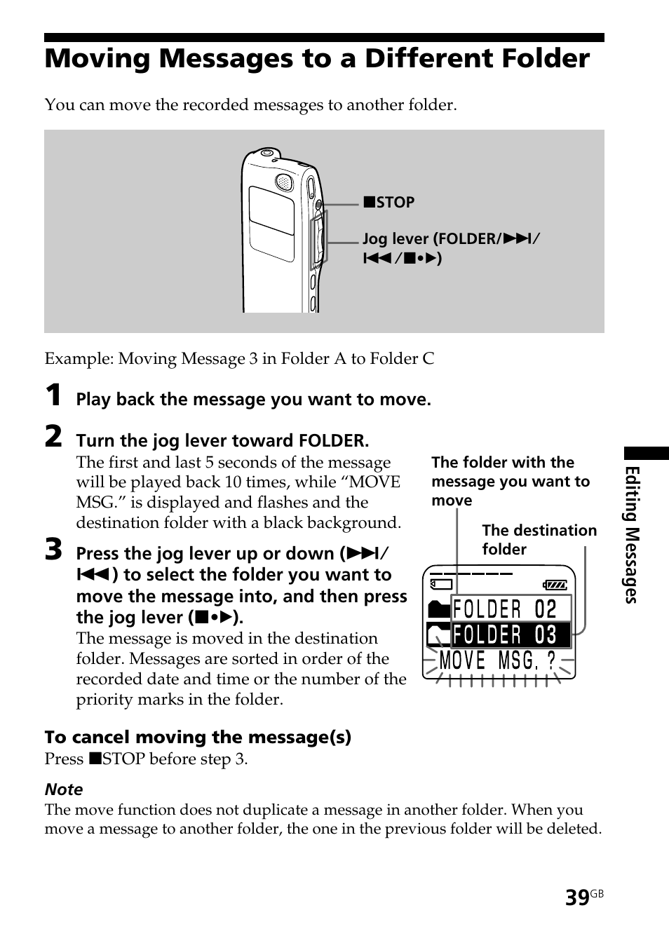 Moving messages to a different folder | Sony ICD-BP User Manual | Page 39 / 96