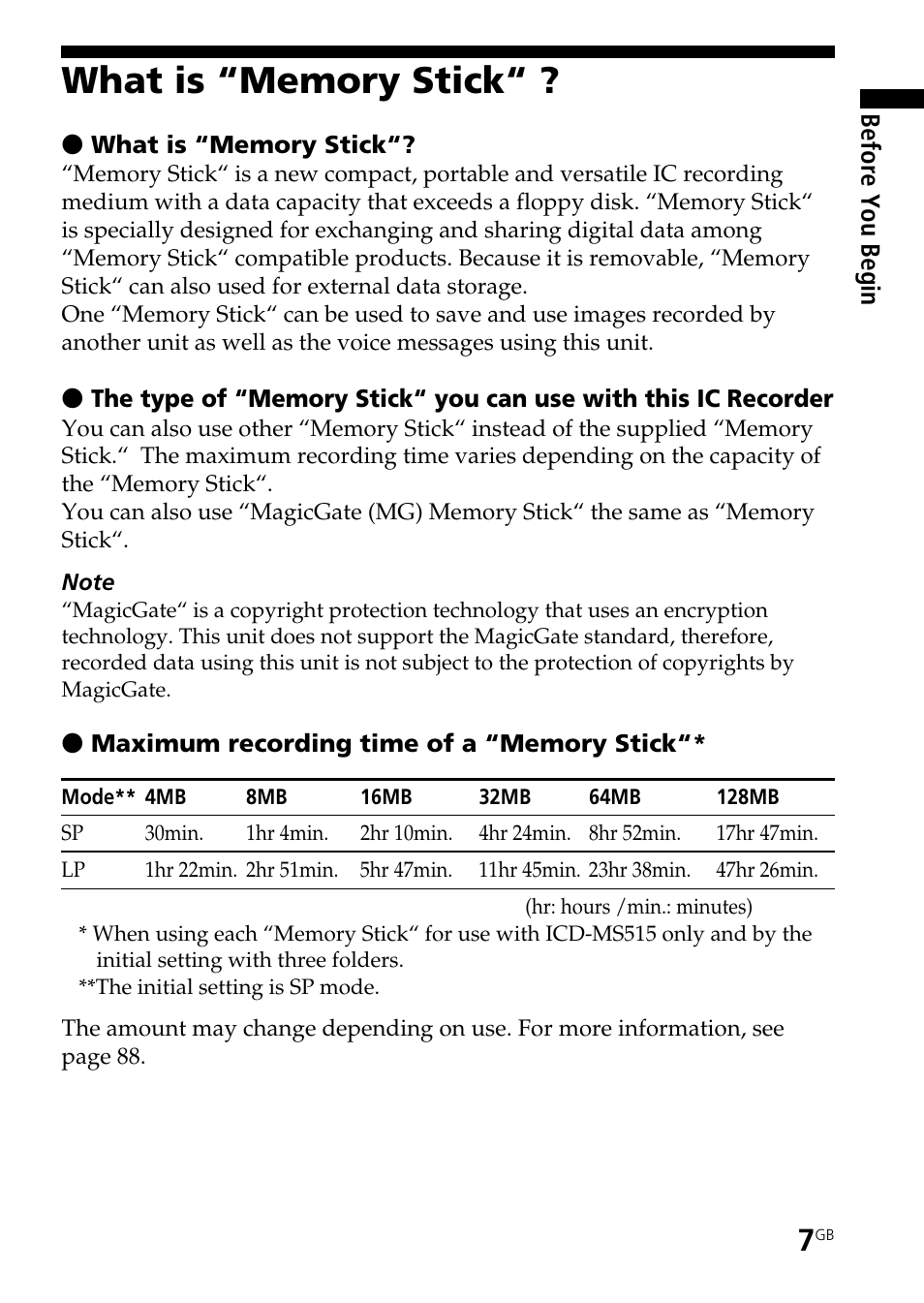 What is “memory stick | Sony ICD-BP User Manual | Page 7 / 96