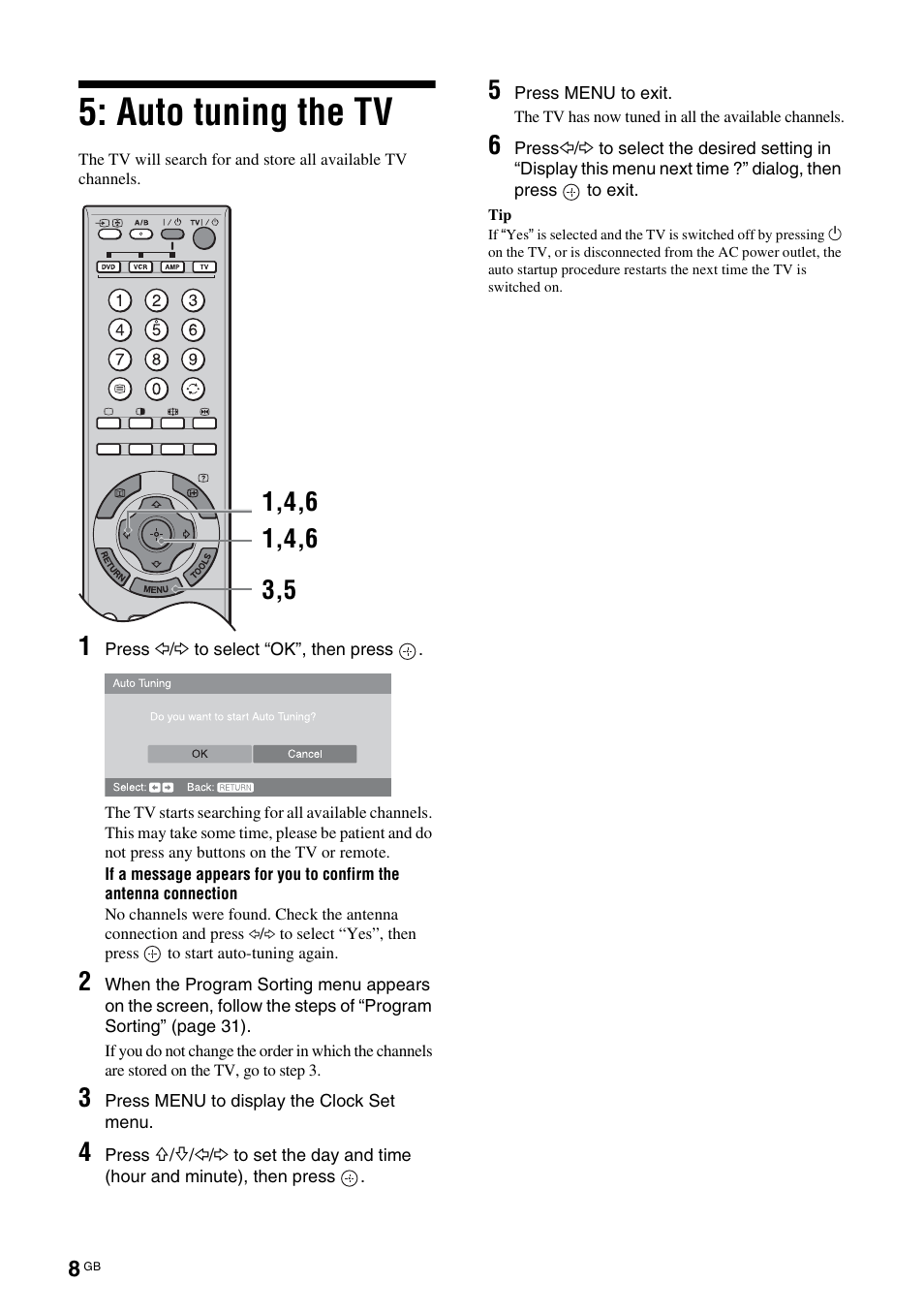 Auto tuning the tv | Sony BRAVIA KS-60R200A User Manual | Page 8 / 48