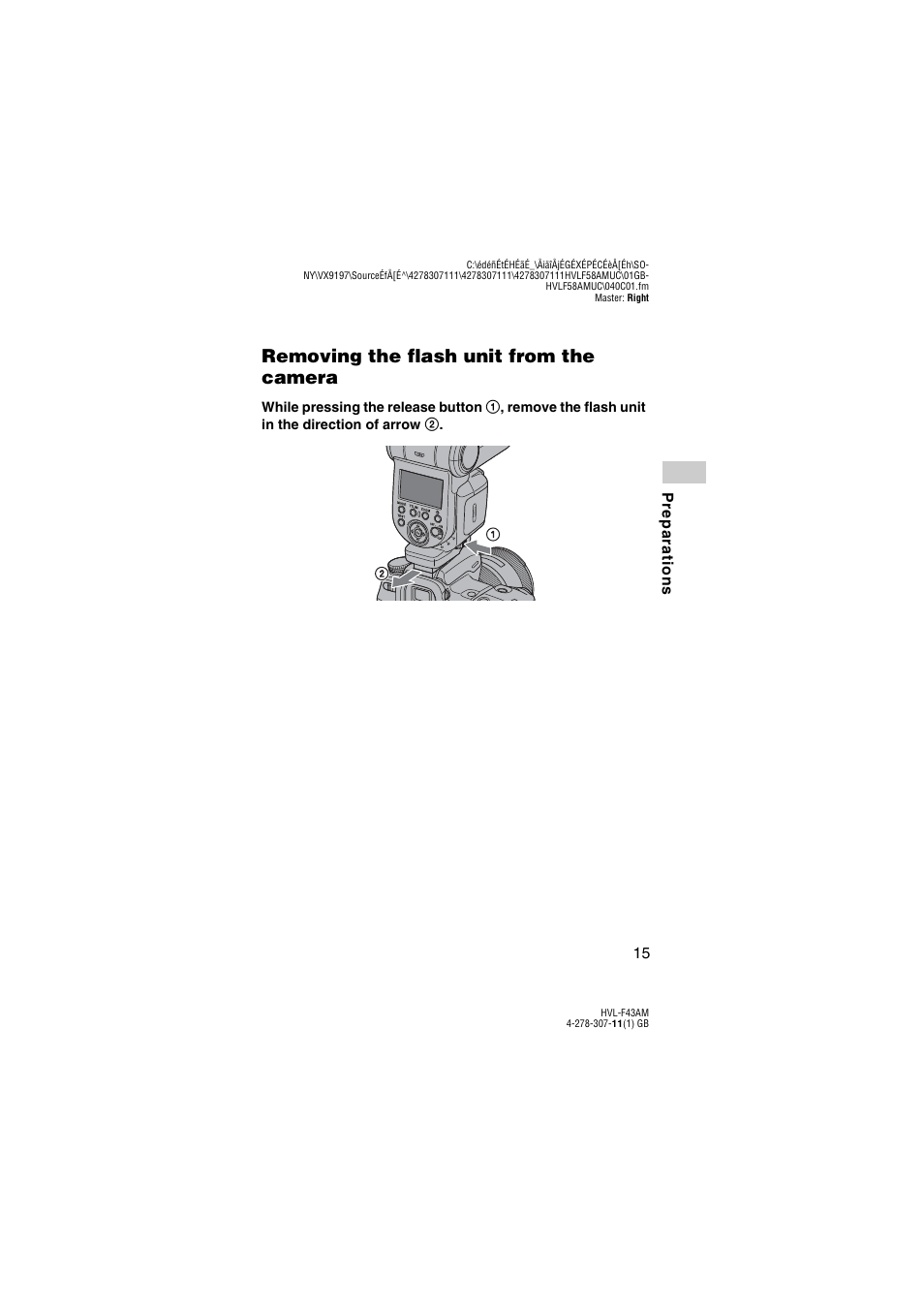 On (15), Removing the flash unit from the camera | Sony HVL-F43AM User Manual | Page 15 / 76