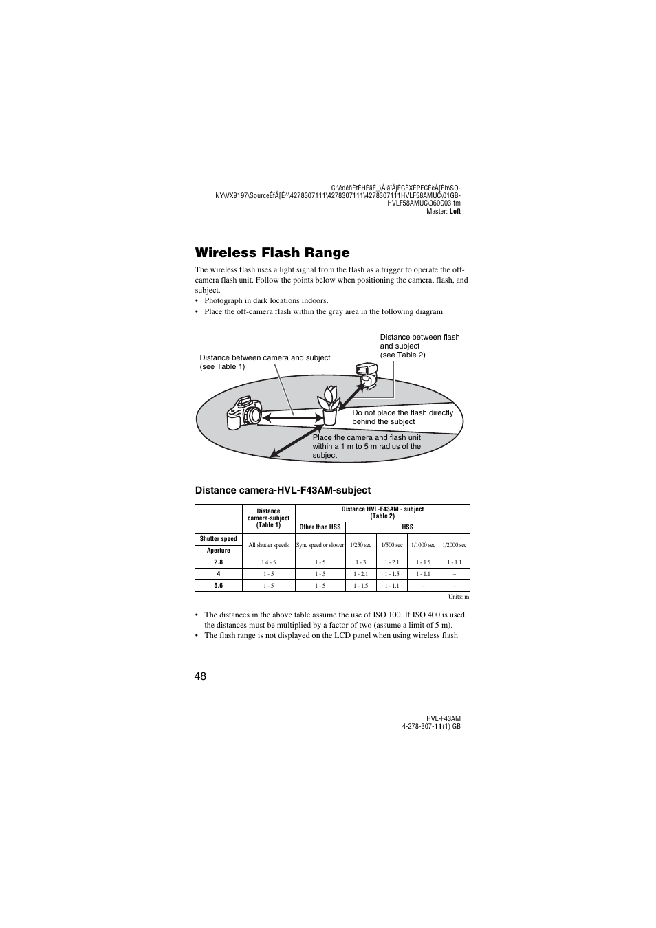 Wireless flash range, Distance camera-hvl-f43am-subject | Sony HVL-F43AM User Manual | Page 48 / 76
