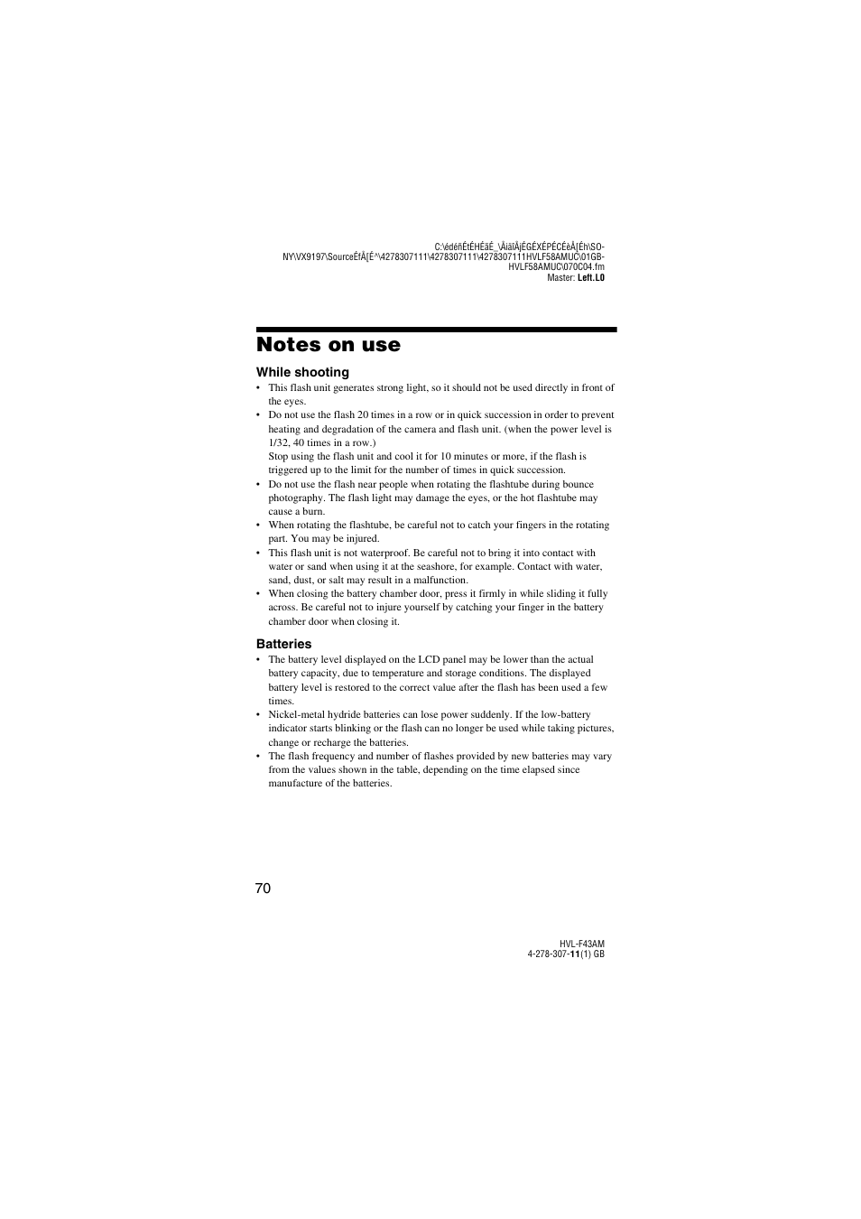 Additional information, Notes on use | Sony HVL-F43AM User Manual | Page 70 / 76