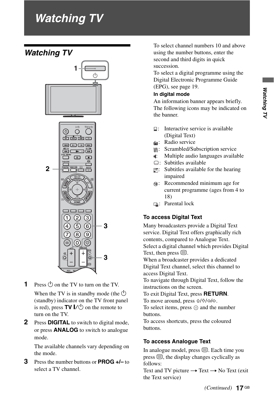 Watching tv | Sony 4-108-535-13(1) User Manual | Page 17 / 60