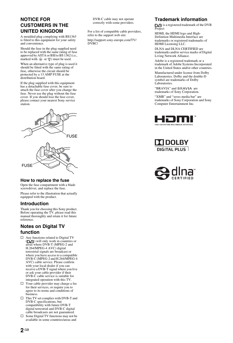 Notice for customers in the united kingdom, Introduction, Trademark information | Sony 4-108-535-13(1) User Manual | Page 2 / 60