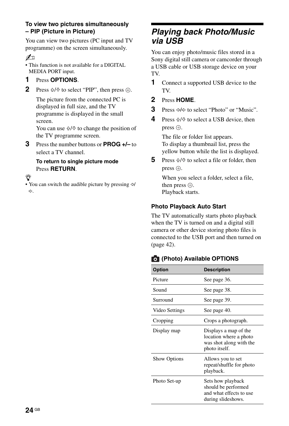 Playing back photo/music via usb | Sony 4-108-535-13(1) User Manual | Page 24 / 60