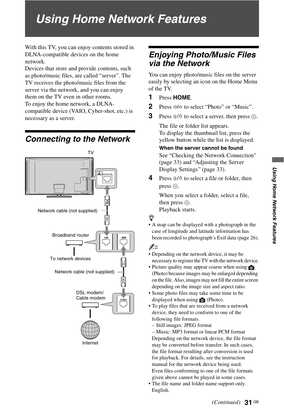 Using home network features, Connecting to the network, Enjoying photo/music files via the network | Sony 4-108-535-13(1) User Manual | Page 31 / 60