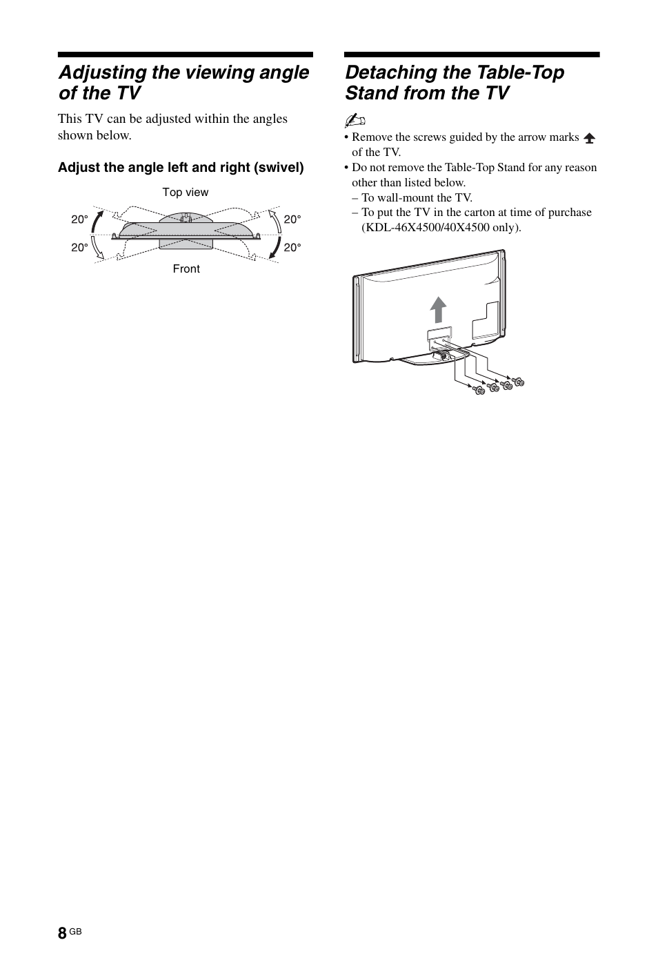 Adjusting the viewing angle of the tv, Detaching the table-top stand from the tv | Sony 4-108-535-13(1) User Manual | Page 8 / 60