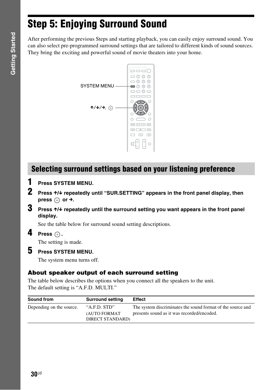 Step 5: enjoying surround sound, Step 5: enjoying surround, Sound | Es 30 | Sony BDV-T57 User Manual | Page 30 / 84