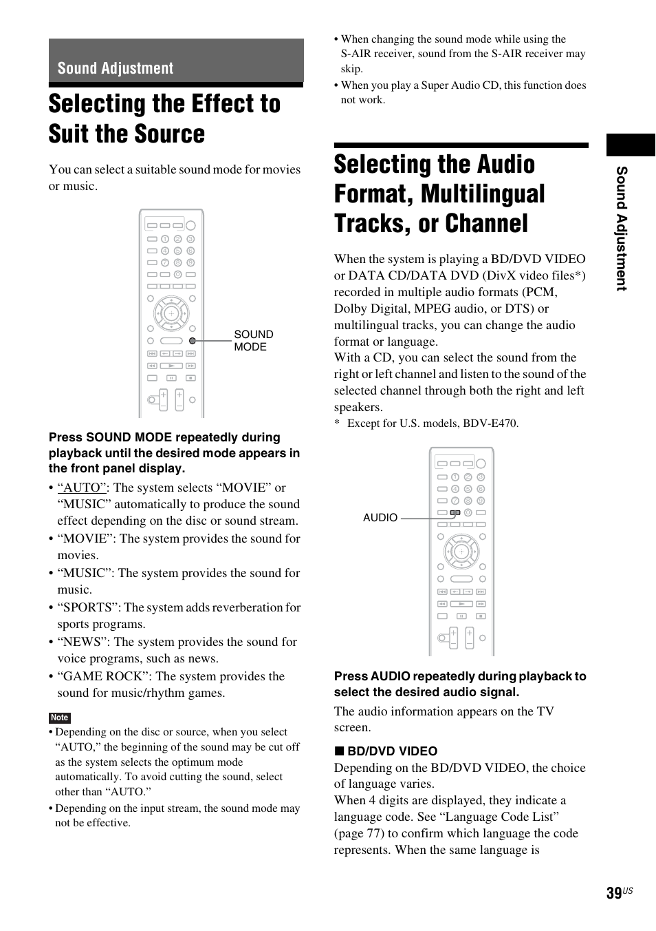 Sound adjustment, Selecting the effect to suit the source, Selecting the effect to suit | The source, Selecting the audio format, multilingual, Tracks, or channel, Es 39, E 39), Sou nd adj u stm e nt, The audio information appears on the tv screen | Sony BDV-T57 User Manual | Page 39 / 84