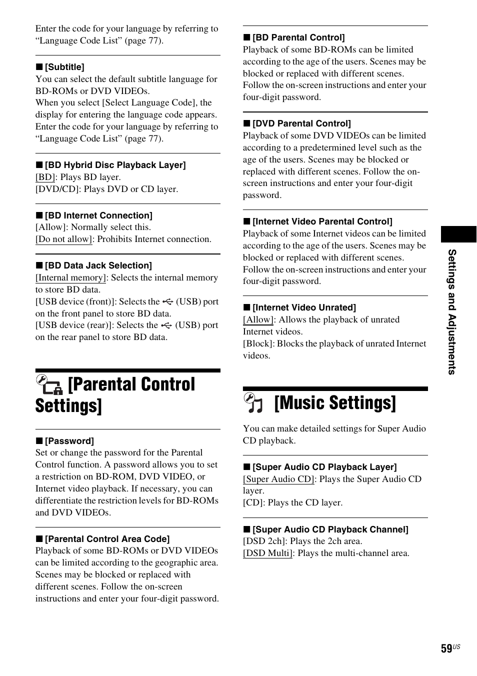 Parental control settings, Music settings, Parental control settings] [music settings | E 59) | Sony BDV-T57 User Manual | Page 59 / 84