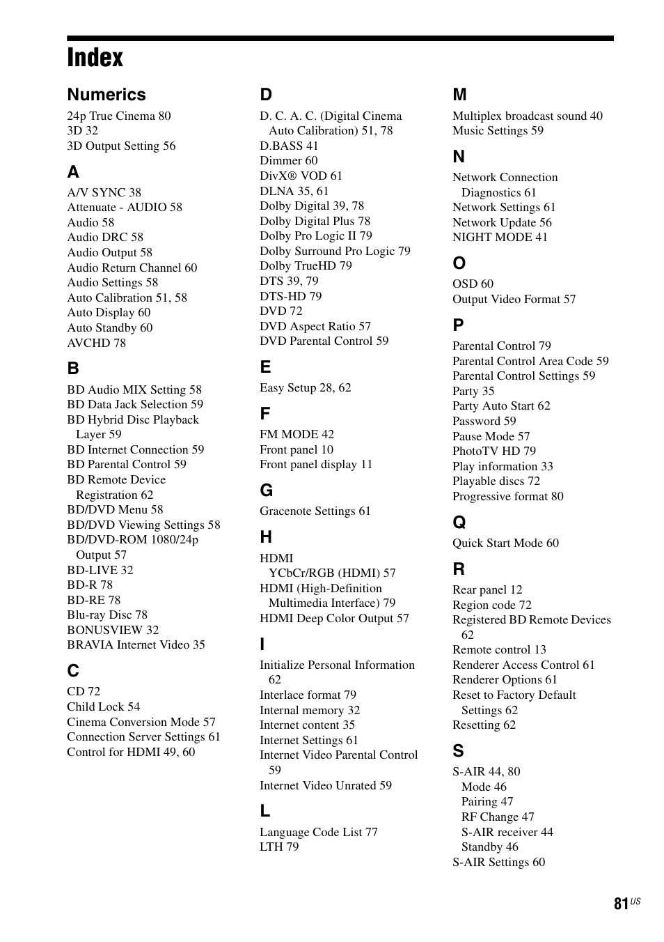 Index, Numerics | Sony BDV-T57 User Manual | Page 81 / 84
