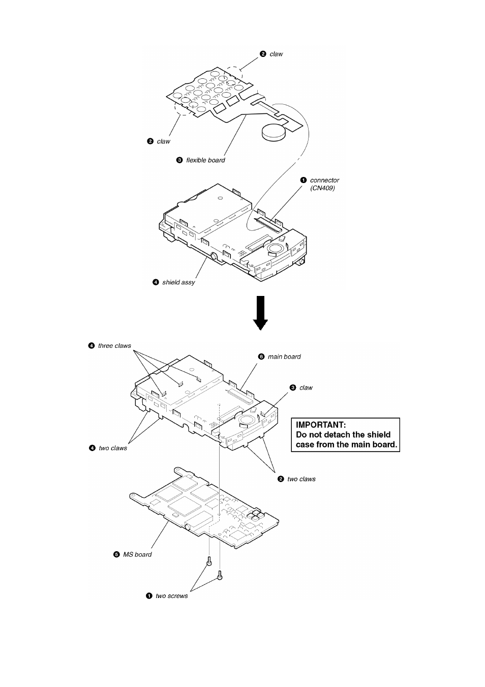 Shield assy ms board, main board | Sony CMD MZ5 User Manual | Page 19 / 35