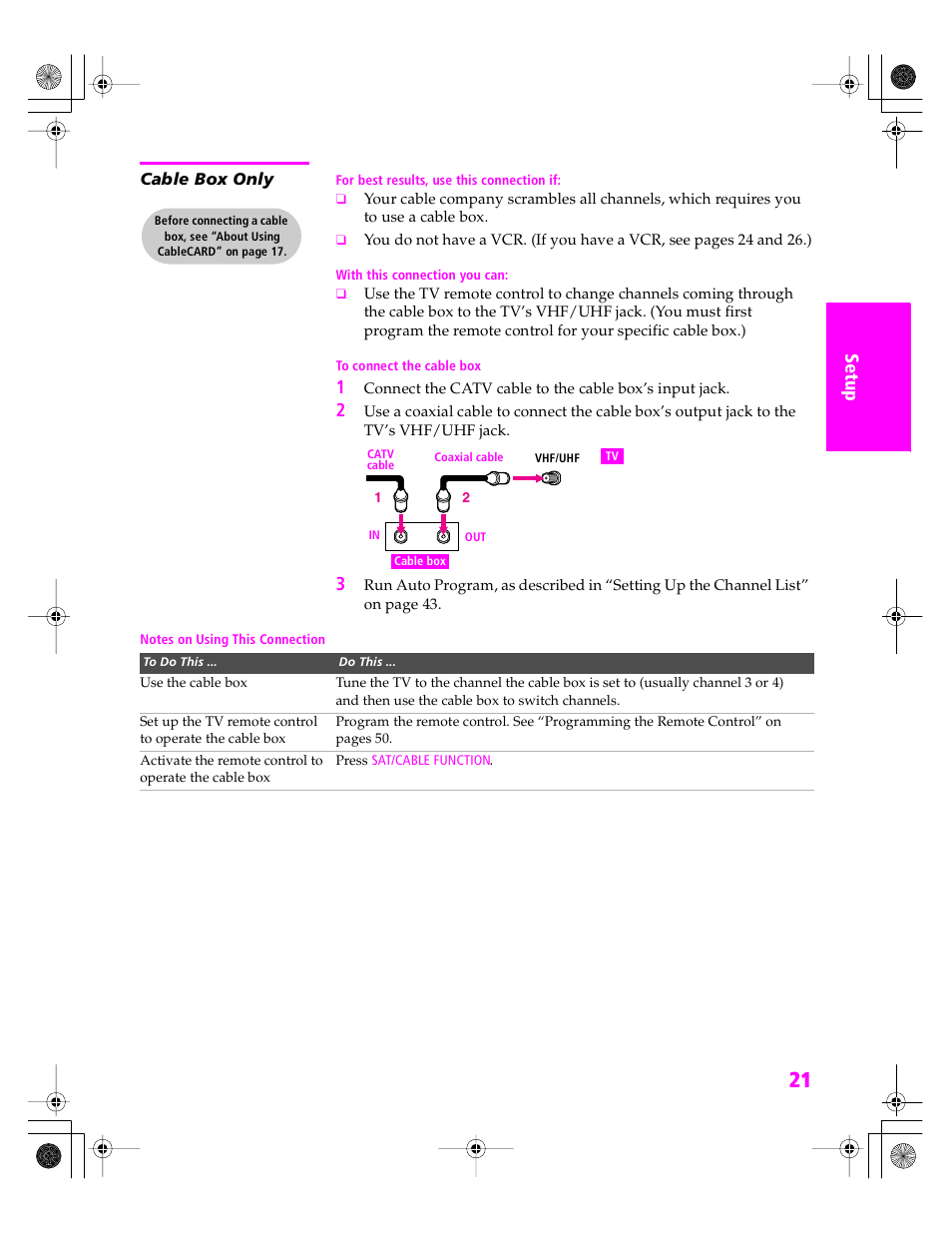 Cable box only | Sony KDP 51WS655 User Manual | Page 22 / 113