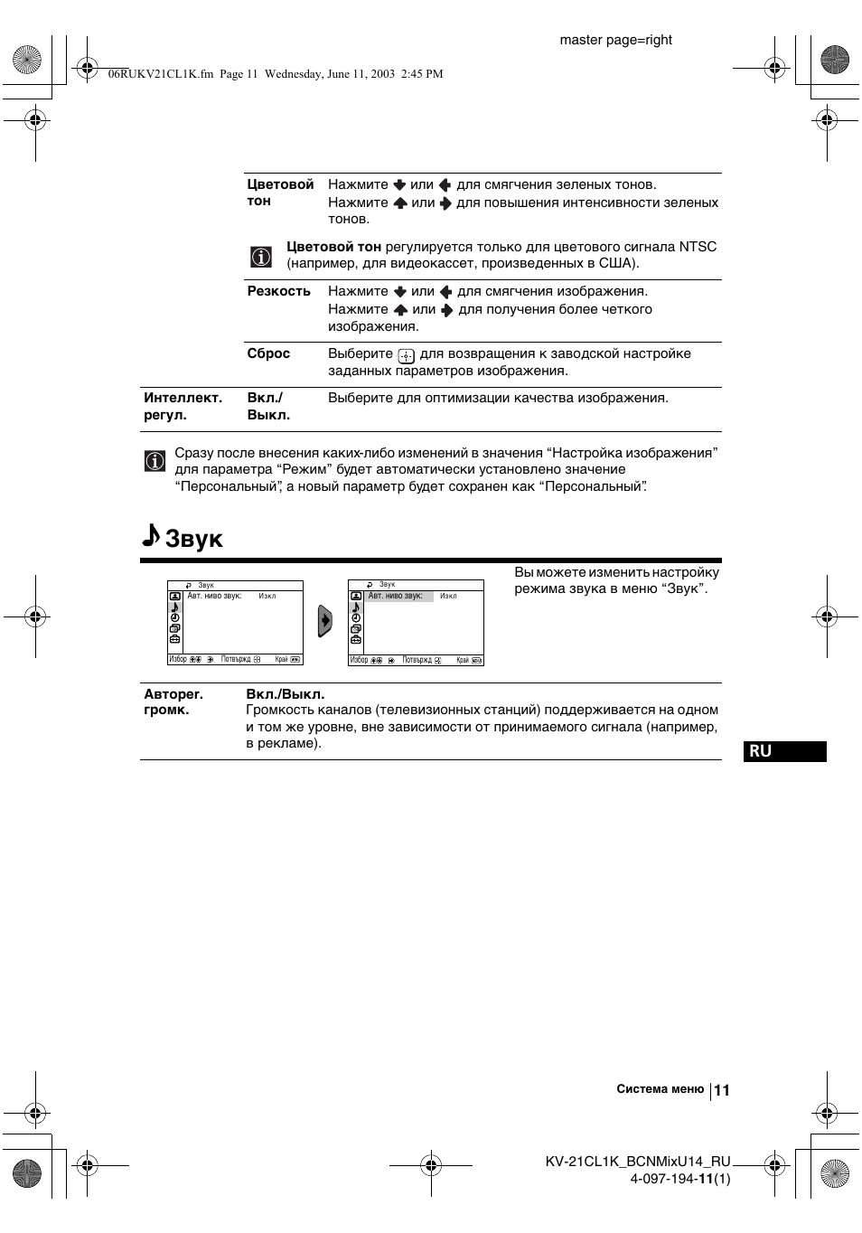 Звук | Sony KV-21CL1K User Manual | Page 101 / 128