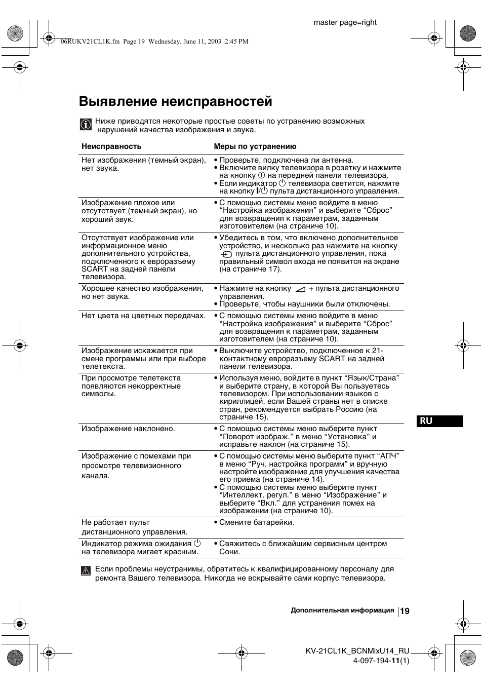 Выявлeниe нeисправностeй | Sony KV-21CL1K User Manual | Page 109 / 128