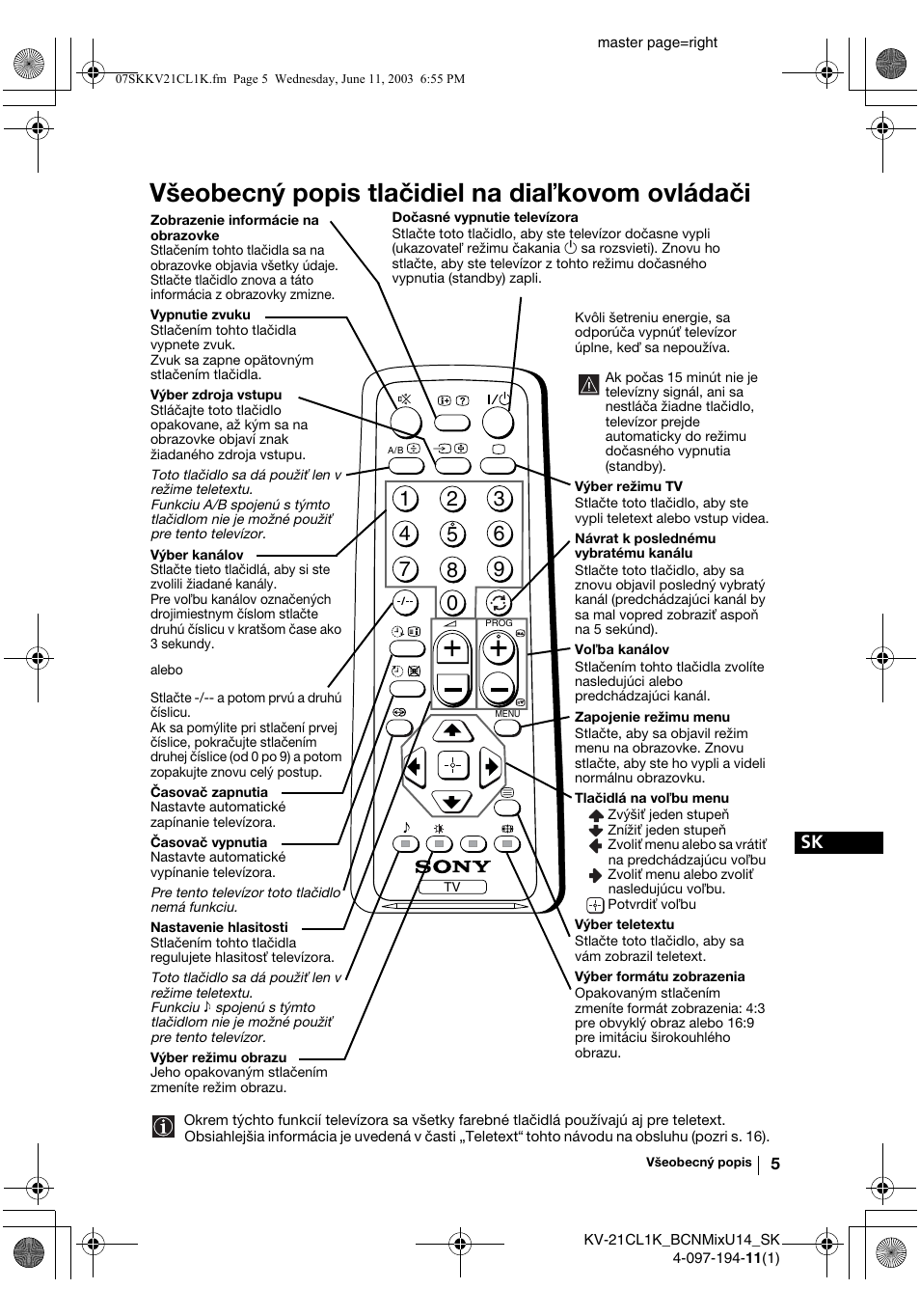 Všeobecný popis tlačidiel na dia kovom ovládači | Sony KV-21CL1K User Manual | Page 113 / 128
