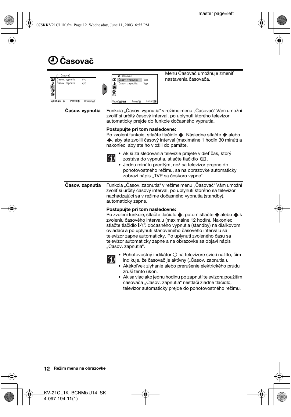 Časovač | Sony KV-21CL1K User Manual | Page 120 / 128