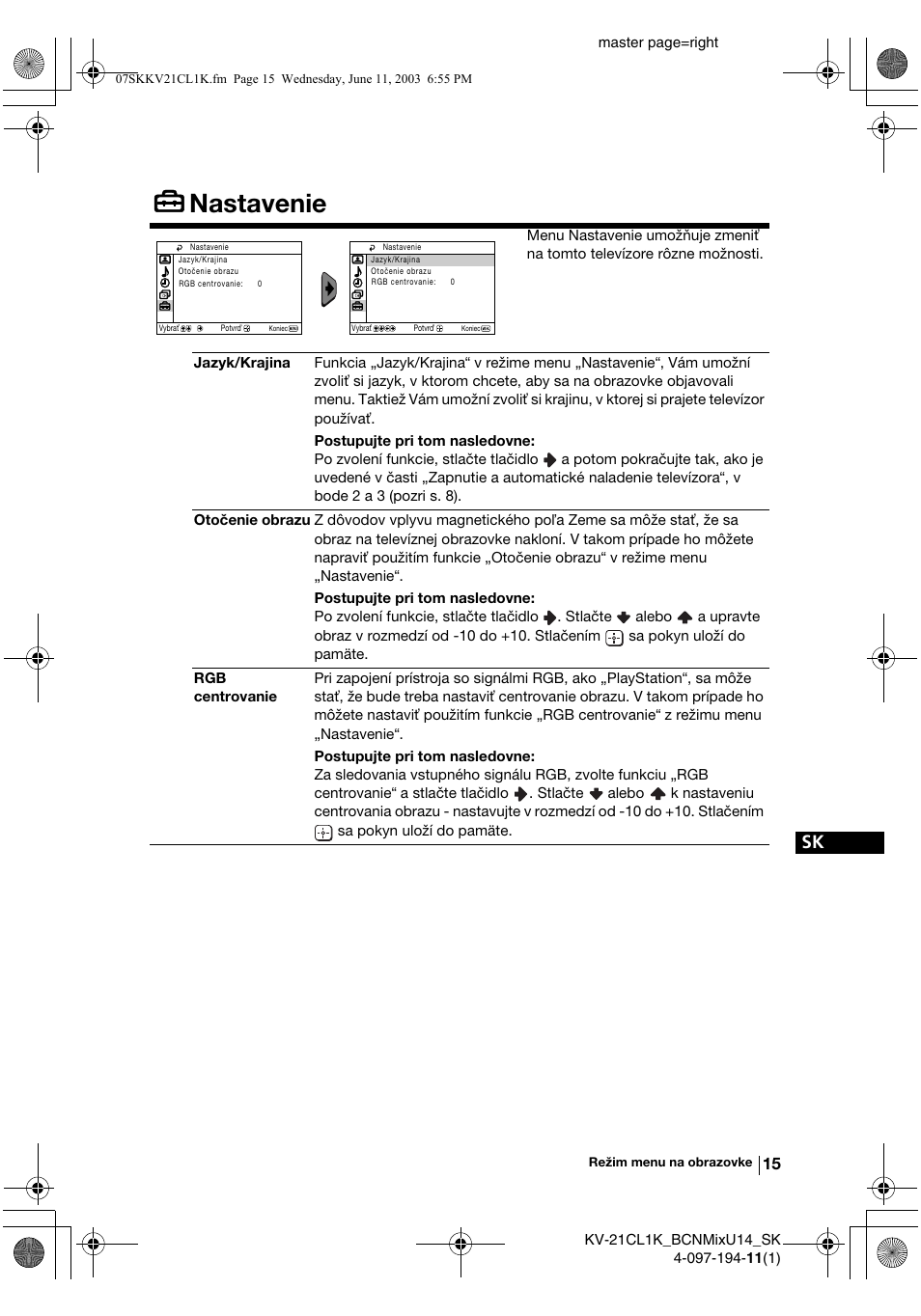 Nastavenie | Sony KV-21CL1K User Manual | Page 123 / 128
