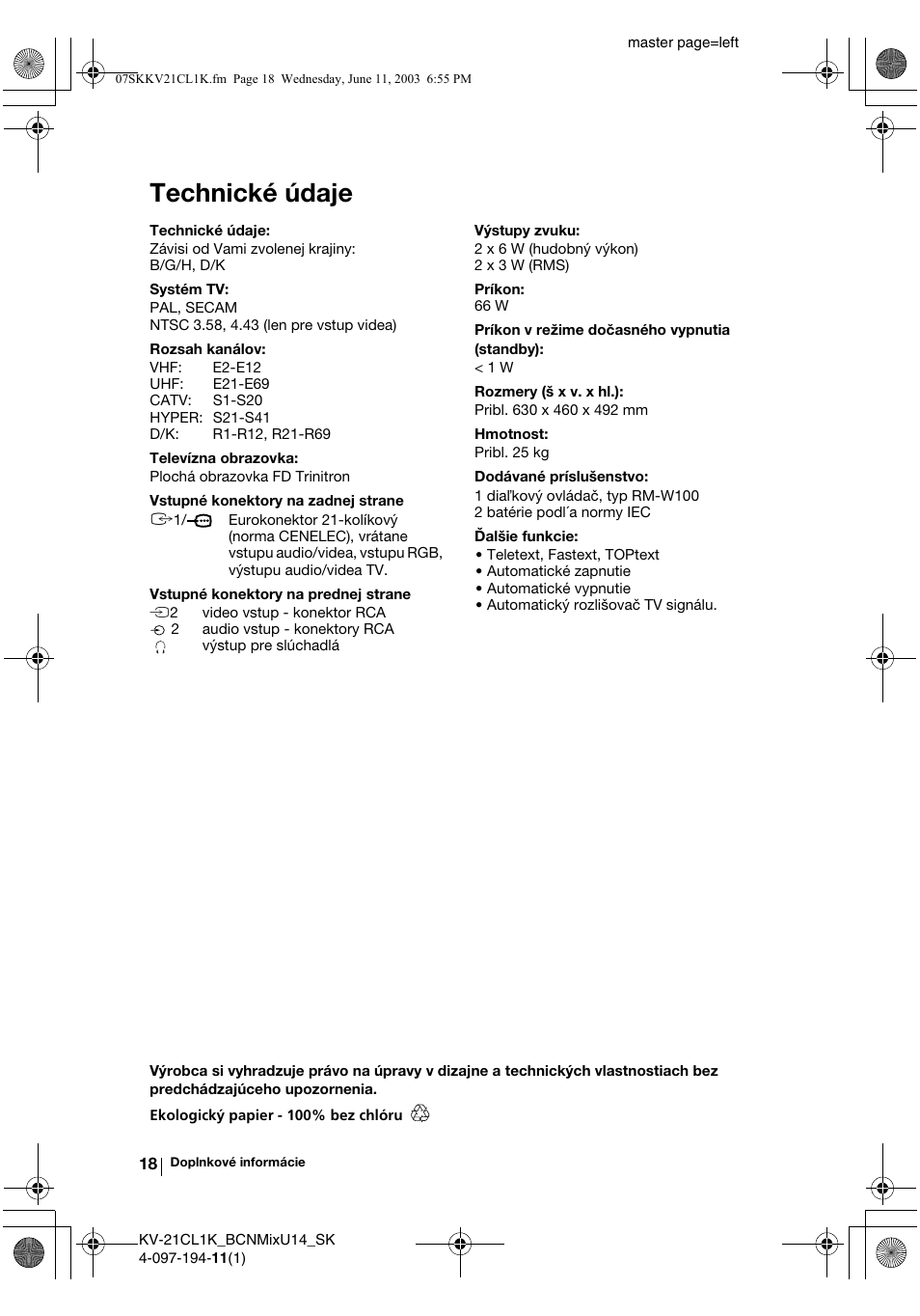 Technické údaje | Sony KV-21CL1K User Manual | Page 126 / 128