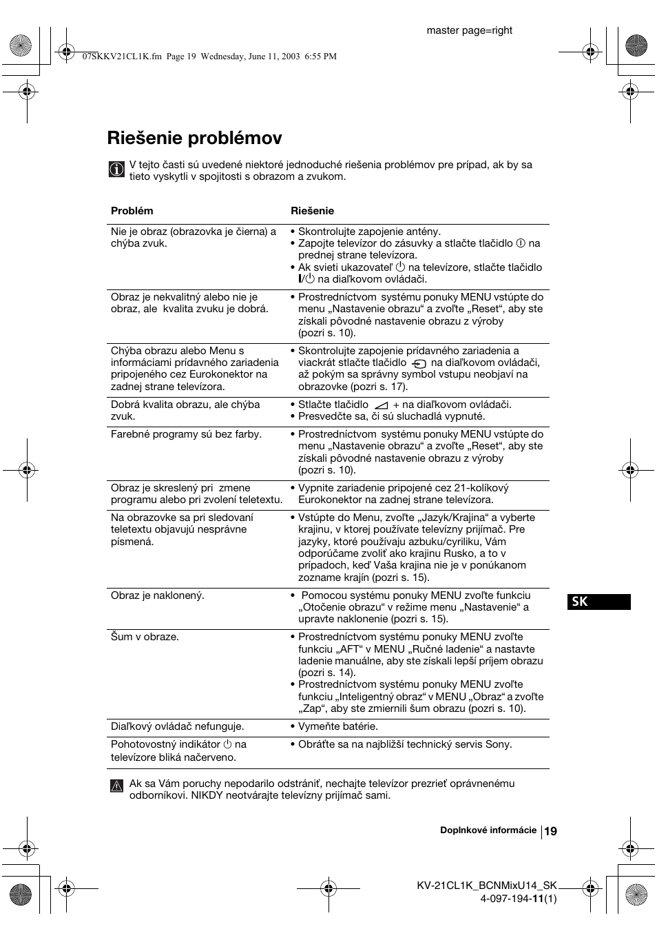 Riešenie problémov | Sony KV-21CL1K User Manual | Page 127 / 128
