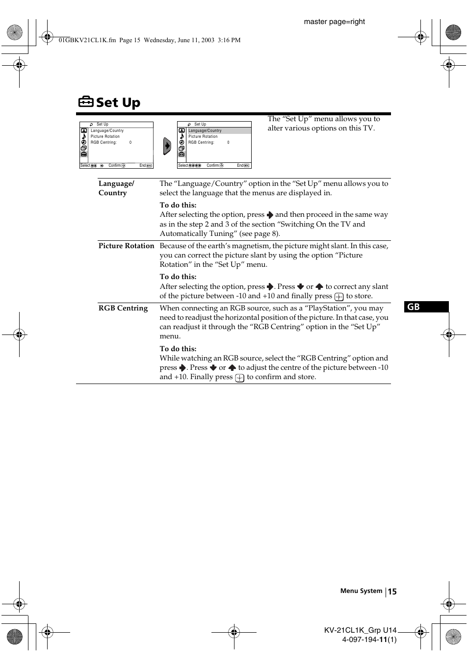 Set up | Sony KV-21CL1K User Manual | Page 15 / 128