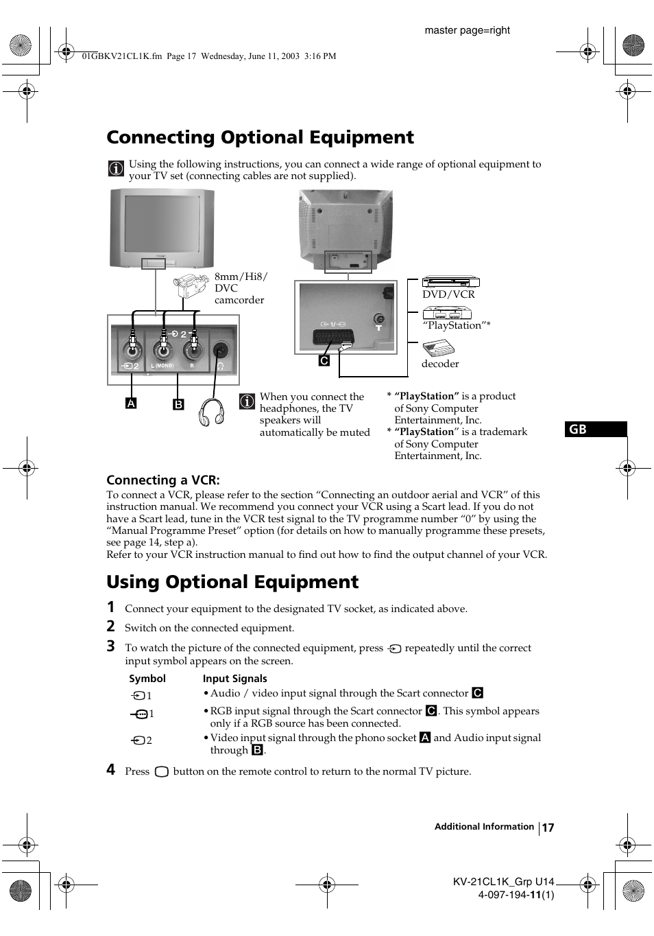 Connecting optional equipment, Using optional equipment | Sony KV-21CL1K User Manual | Page 17 / 128