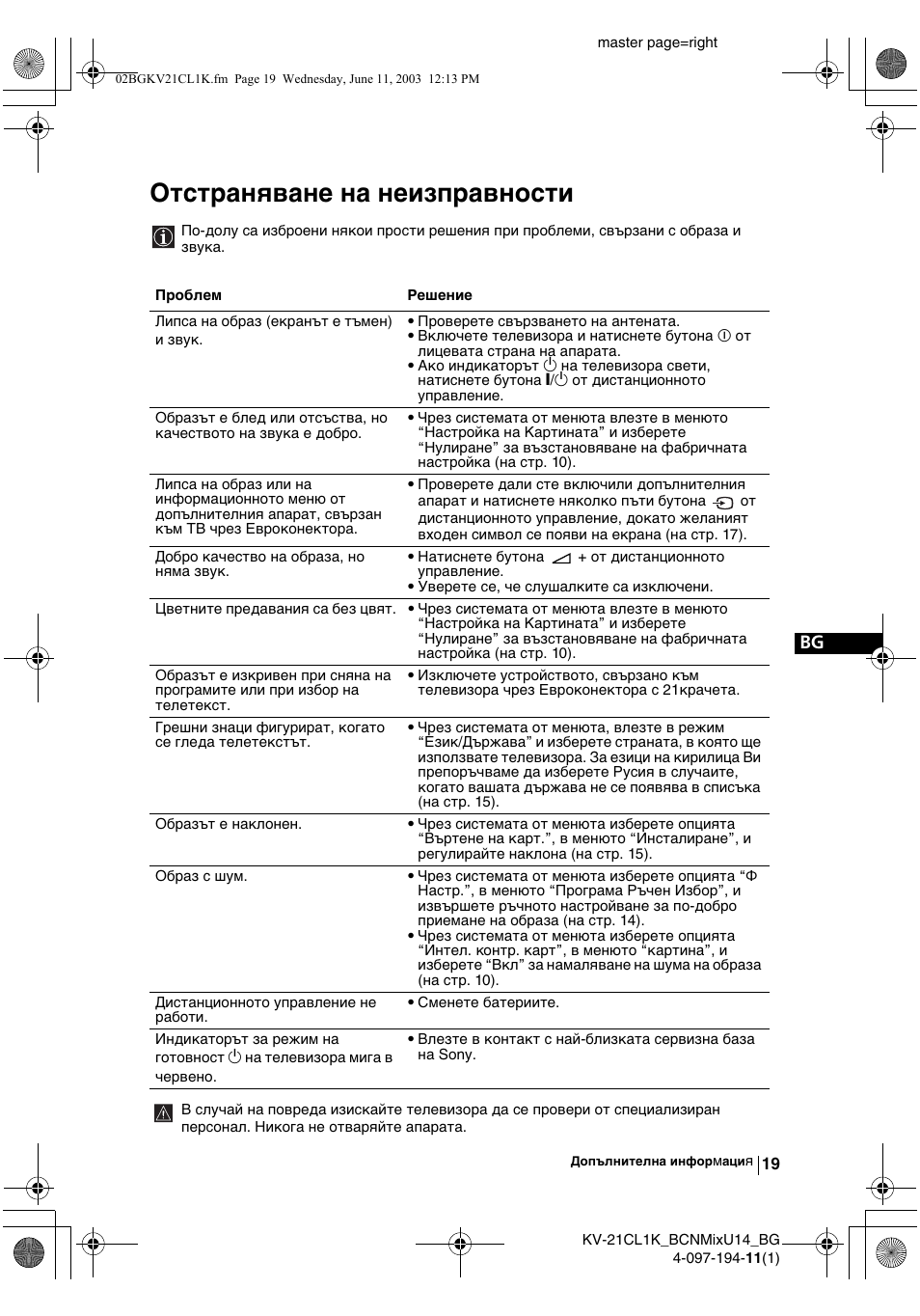 Отстраняване на неизправности | Sony KV-21CL1K User Manual | Page 37 / 128