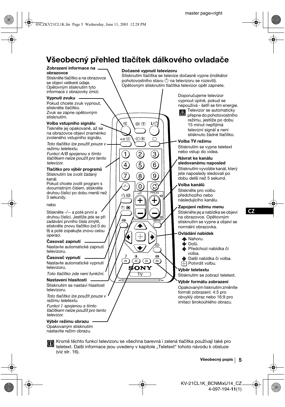 Všeobecný přehled tlačítek dálkového ovladače | Sony KV-21CL1K User Manual | Page 41 / 128