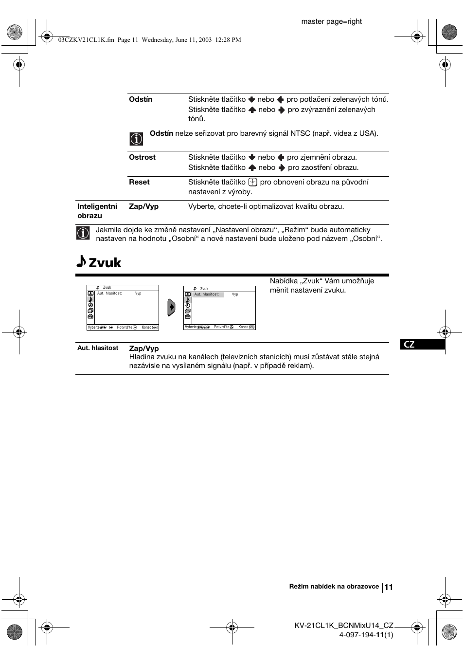 Zvuk | Sony KV-21CL1K User Manual | Page 47 / 128