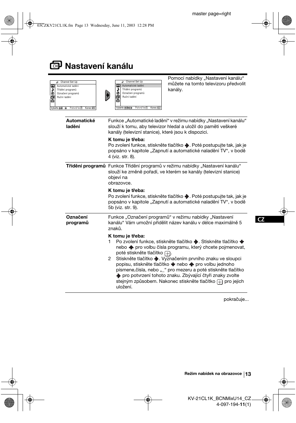 Nastavení kanálu | Sony KV-21CL1K User Manual | Page 49 / 128