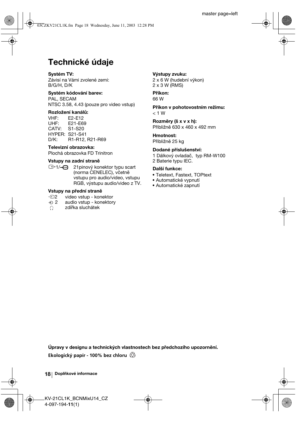 Technické údaje | Sony KV-21CL1K User Manual | Page 54 / 128