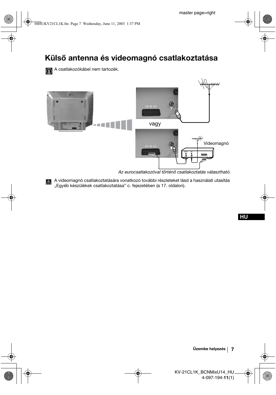 Külső antenna és videomagnó csatlakoztatása, Vagy | Sony KV-21CL1K User Manual | Page 61 / 128