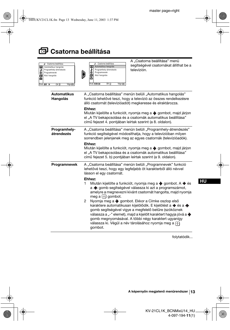 Csatorna beállítása | Sony KV-21CL1K User Manual | Page 67 / 128