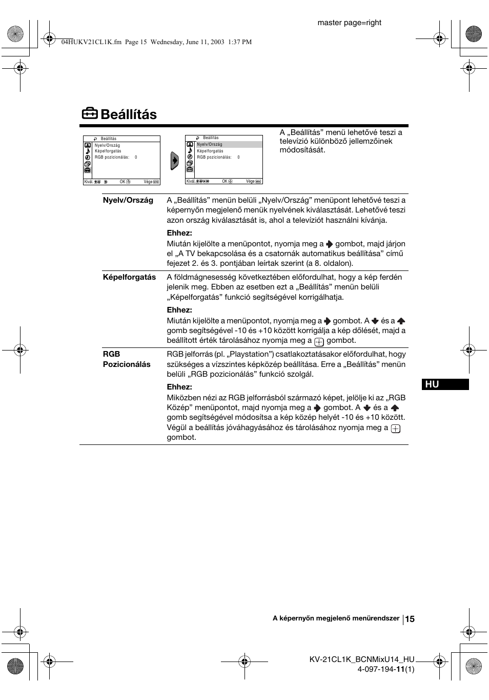 Beállítás | Sony KV-21CL1K User Manual | Page 69 / 128