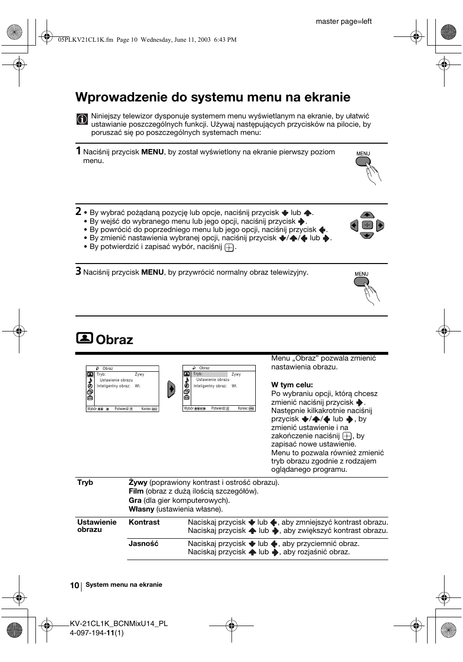 Wprowadzenie do systemu menu na ekranie, Obraz | Sony KV-21CL1K User Manual | Page 82 / 128