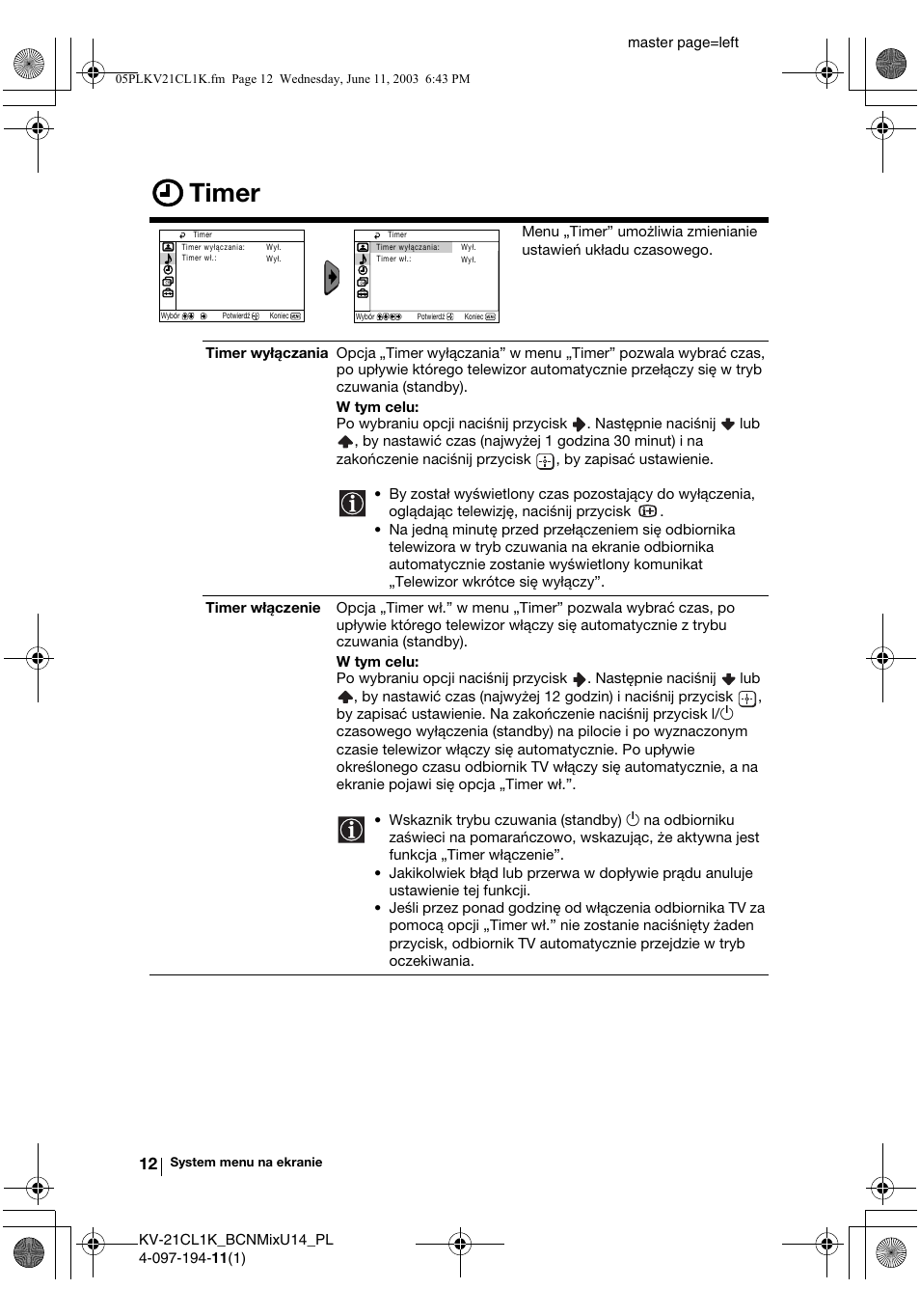 Timer | Sony KV-21CL1K User Manual | Page 84 / 128