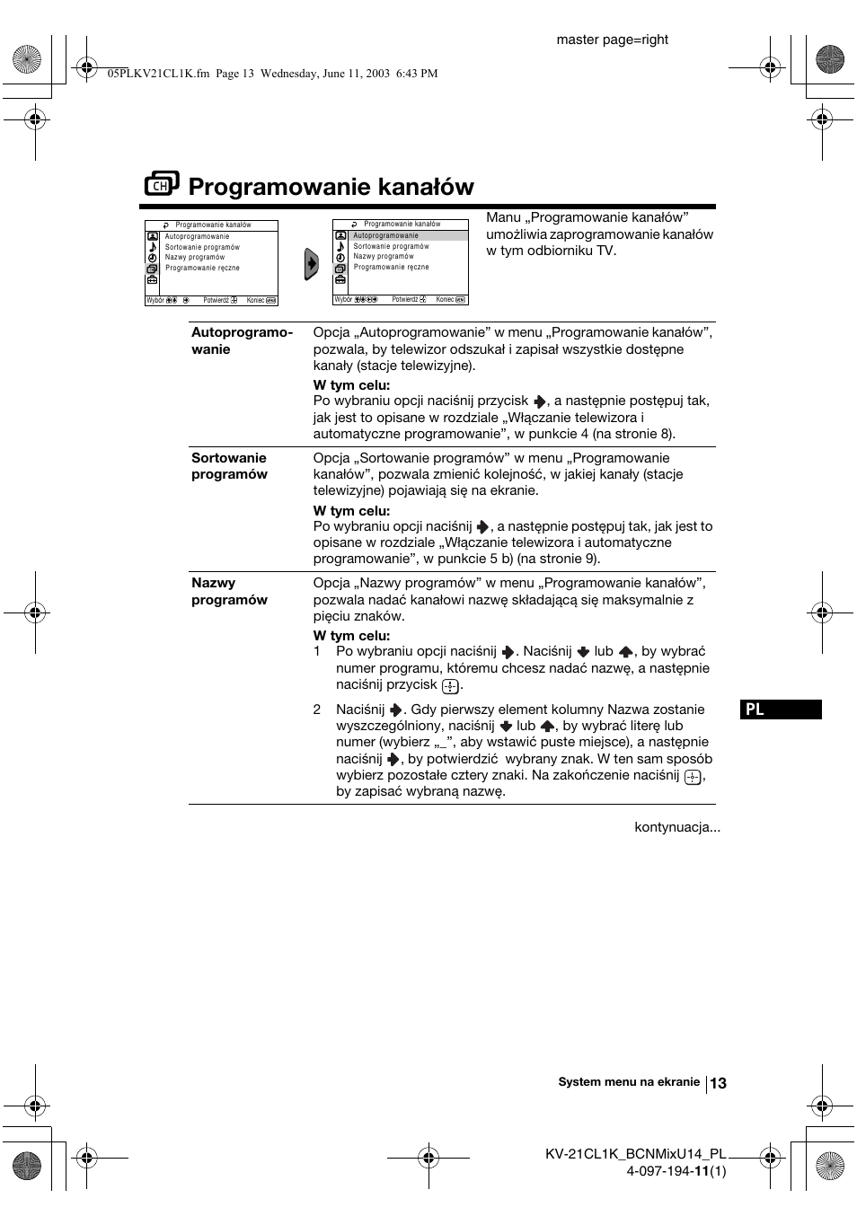 Programowanie kanałów | Sony KV-21CL1K User Manual | Page 85 / 128