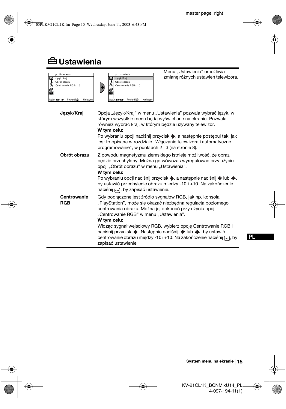 Ustawienia | Sony KV-21CL1K User Manual | Page 87 / 128